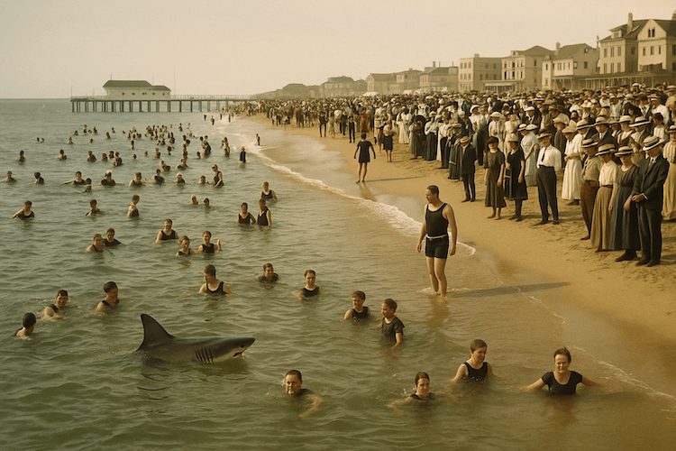 Konstnärlig tolkning av en strand i New Jersey under 1910-talet.